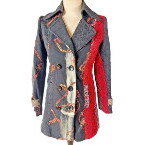 Neslay Paris Anthropologie Black Red Patchwork Brocade Coat Double Breast Size S